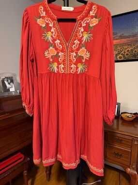 Solitaire Red Floral-Embroidered Long Sleeve Dress
